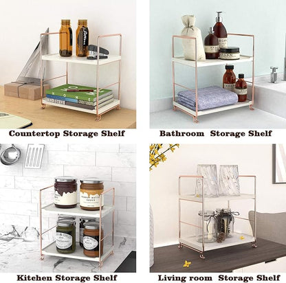 Plastic/Metal Freestanding Stackable Organizer Shelf,Bathroom Countertop Storage Shelf Cosmetic Organizer Holder Kitchen Spice Rack,2-Tier Standing Rack (Rose Gold)