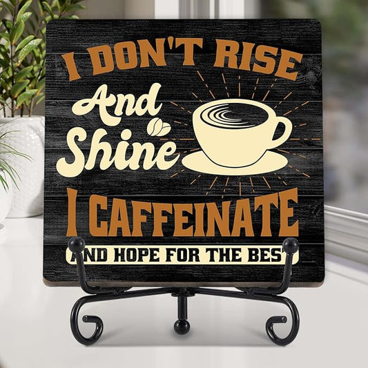 Coffee Bar Decor, Farmhouse Kitchen Table Decor, Coffee Station Accessories, Wooden Decorative Sign with Iron Stand for Table Desk Shelf Display-E14