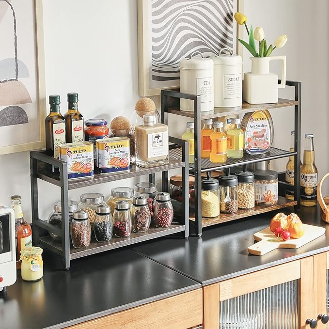 IBUYKE 3-Tier Spice Rack Industrial Counter Shelf Desktop Storage Organizer Standing Seasoning Rack for Countertop Kitchen Office Living Room Desktop Rustic Brown UTLJ021H