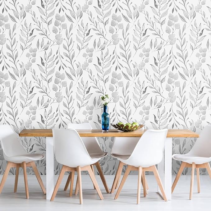 WENMER Gray Leaf Wallpaper Floral Peel and Stick Wallpaper 17.7" x 708" Self Adhesive Watercolor Leaves Wall Paper Removable Floral Contact Paper for Cabinets Wall Decor
