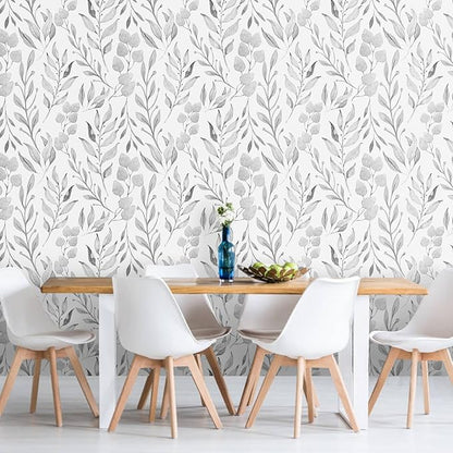 WENMER Gray Leaf Wallpaper Floral Peel and Stick Wallpaper 17.7" x 708" Self Adhesive Watercolor Leaves Wall Paper Removable Floral Contact Paper for Cabinets Wall Decor