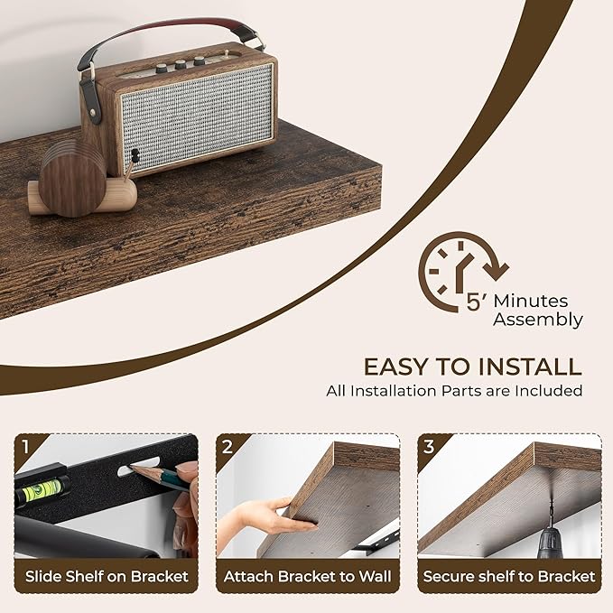 RICHFOCUS 72Inch Floating Shelves for Wall 1 Pack Shelves for Bedroom|Kitchen|Bathroom Wall Mounted Rustic Wood Floating Shelf with Invisible Brackets for Books|Storage|Decor, Rustic Brown