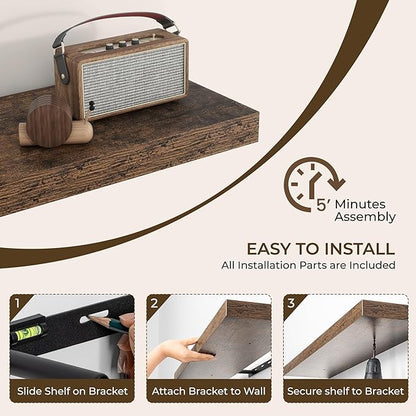 RICHFOCUS 48Inch Floating Shelves for Wall 2 Pack Shelves for Bedroom|Kitchen|Bathroom Wall Mounted Rustic Wood Floating Shelf with Invisible Brackets for Books|Storage|Decor, Rustic Brown
