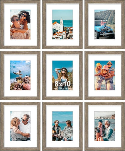 Vittanly 8x10 Picture Frames Set of 9, Shatter Resistant Plexiglass, Display 5x7 Pictures with Mat or 8x10 without Mat, Photo Frames for Wall or Tabletop, Engineered Wood, Grayish Brown
