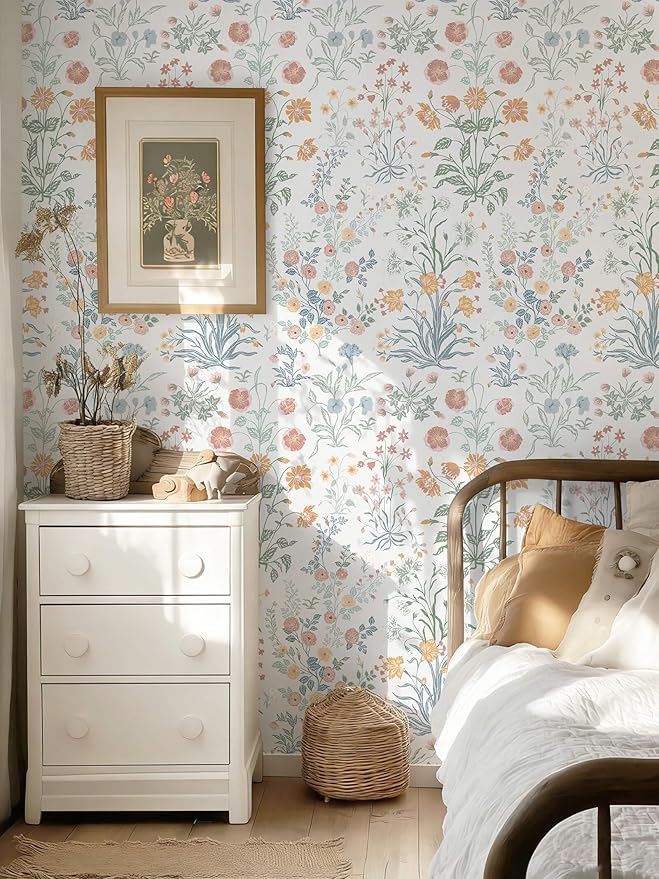 Floral Peel and Stick Wallpaper Vintage Wallpaper Colorful Wall Paper Wildflower Contact Paper for Cabinets Vinyl Renter Friendly Waterproof Self-Adhesive Bathroom Kitchen Bedroom 78.7"×17.3"