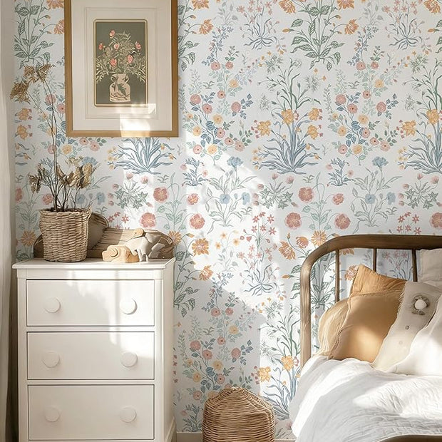 Floral Peel and Stick Wallpaper Vintage Wallpaper Colorful Wall Paper Wildflower Contact Paper for Cabinets Vinyl Renter Friendly Waterproof Self-Adhesive Bathroom Kitchen Bedroom 393"×17.3"