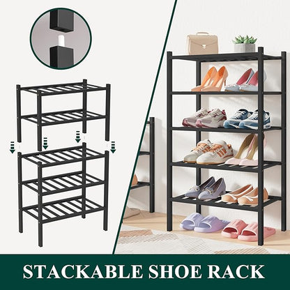 Smiry Bamboo Shoe Rack for Closet, 2 Tier Long Wooden Stackable Shoe Organizer, Free Standing Shoes Storage Shelf for Entryway, Front Door Entrance, Black
