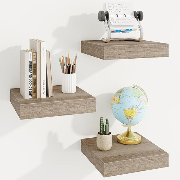 Marsmiles Square Floating Shelves for Wall, 10" W x 10" D x 1.25" H, 3 Packs Small Wall Mounted Engineered Wood Shelves with Invisible Brackets for Living Room, Bedroom, Bathroom, Kitchen Decor, Grey