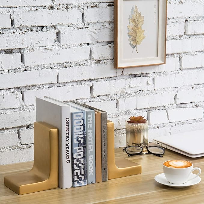 MyGift Modern Gold Concrete Office Bookshelf Decor Bookends for Heavy Book and Textbooks, Desktop Book Holder, 1 Pair