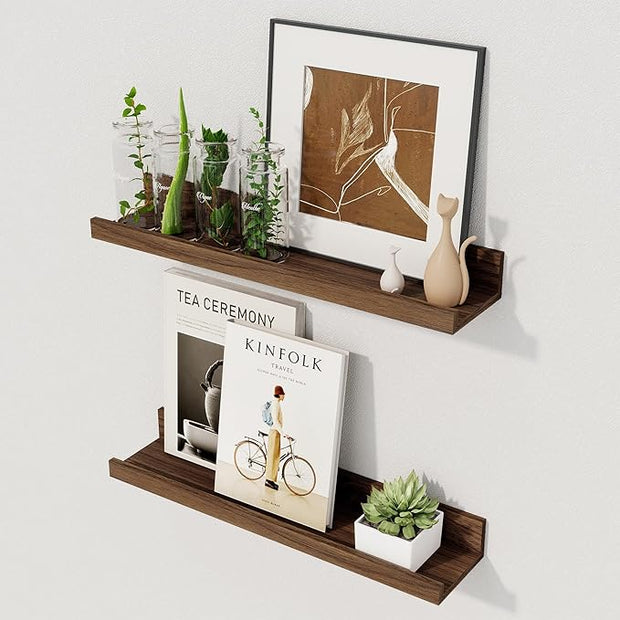Axeman Floating Shelves | Picture Ledge Shelf Set of 2 | Walnut Wall Shelves with Lip | Walnut Picture Shelf for Wall with Ledge | Photo Ledges 16 Inch