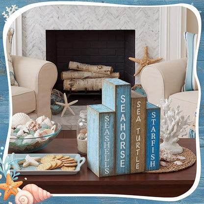 4 Pcs Summer Table Decoration Wooden Book Coastal Beach Decoration Blue and White Summer Tiered Tray Decor Wood Book Sign Farmhouse for Ocean Party Home Shelf Coffee Table