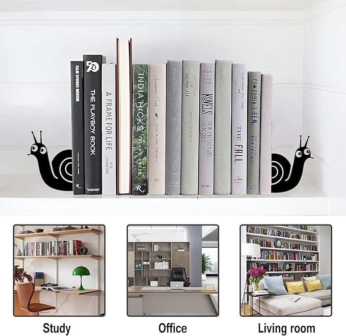 Bookends Cute Snail Metal Book Ends, Novelty Decorative Bookends for Bookshelf, Book Organizer for Desk Home Office School Bookshelf Decor, Black - 1 Pairs