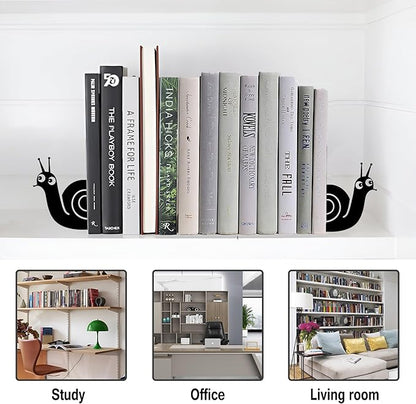 Bookends Cute Snail Metal Book Ends, Novelty Decorative Bookends for Bookshelf, Book Organizer for Desk Home Office School Bookshelf Decor, Black - 1 Pairs