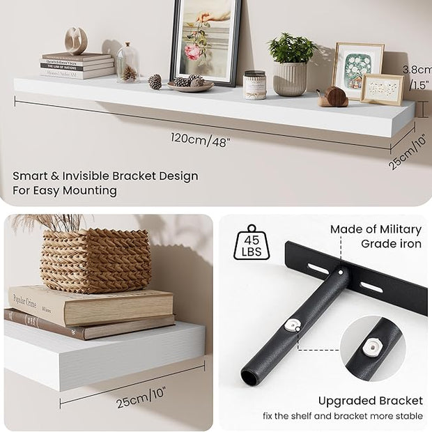 Fun Memories 55 Inch Fireplace Mantel Shelf, 10 Inch Deep Shelves for Display & Wall Storage, Rustic Wood Wall Shelf, Extra Long Floating Shelves for Living Room Laundry Room, White, Set of 1