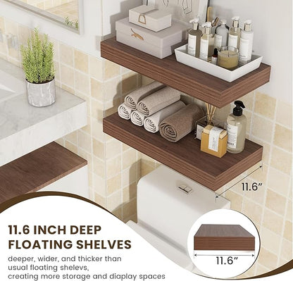 Deep Floating Shelves | 24 Inch Walnut Floating Shelves Set of 2 | 12 Inch Deep Rustic Wood Shelves for Wall | 24" W x 12" D Walnut Shelves for Living Room Bathroom Laundry Room Kitchen