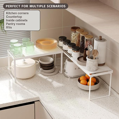 Expandable Cabinet Shelf Organizer, 1 Pack Stackable Kitchen Counter Shelf Riser, Metal Spice Rack Adjustable Heavy Duty Countertop Organizer Storage for Kitchen, Pantry, Cupboard, Rv (White)