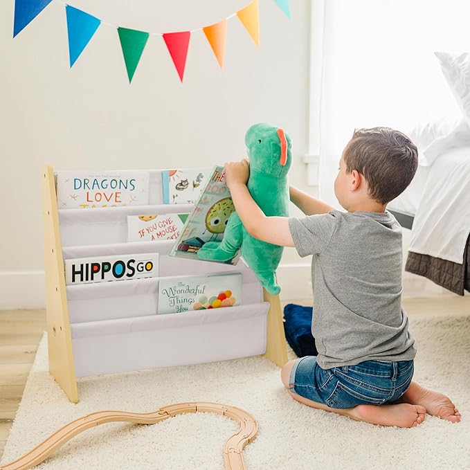 Wildkin Wooden Sling Bookshelf for Kids – Premium Canvas Design with 4 Fabric Shelves, Organizer for Home or Classroom - Natural w/Tan