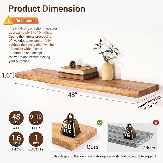 fuqing Live Edge Floating Shelves for Wall - Solid Elm Wood Floating Shelves 48 Inch - 9 Inch Deep Natural Wooden Wall Shelves with Heavy Duty Metal Brackets and Anchors
