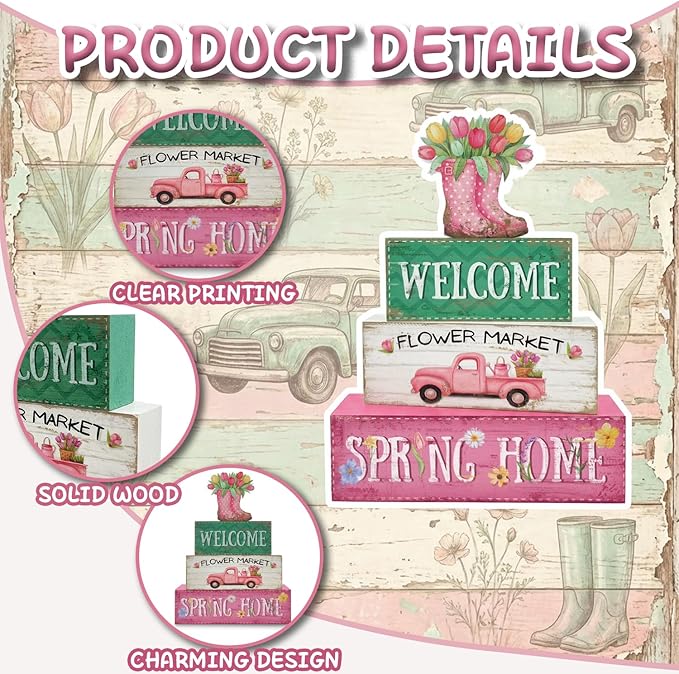 Spring Decorations, 4 Pcs Wooden Spring Table Decorations, Farmhouse Rain Boots Tiered Tray Decor, Wooden Table Sign for Desk Shelf Mantel Coffee Bar, Indoor Home Decor