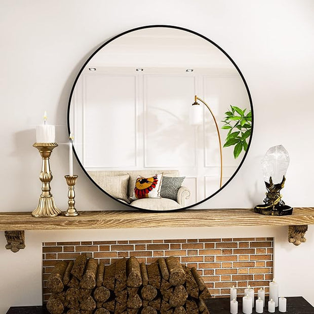 VooBang Round Mirror 28" Black Wall Mounted Circle Mirrors Vanity Mirror with Aluminum Alloy Frame Modern Decoration for Bathroom, Living Room, Vanity, Bedroom, Entryway