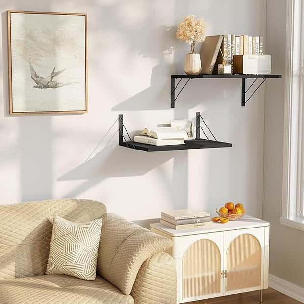 Love-KANKEI Wide Floating Shelves for Wall, Black 16" W x 12" D Large Deep Wood Wall Shelves for Storage in Bathroom, Bedroom, Living Room, and Kitchen Set of 2
