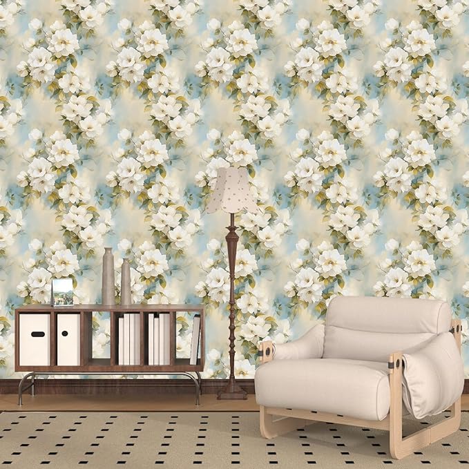 Floral Wallpaper Peel and Stick Vintage Beige Flowers Contact Paper Vinyl Waterproof Self Adhesive Removable Green leaf Modern Wall Murals for Bedroom Walls Shelves Cabinet Decoration 17.5