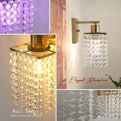 Set of 2 Crystal Battery Operated Wall Sconce,Rechargeable Wall Lamp with 5200mAh Battery & Remote Control, Modern Dimmable Wireless Wall Lights for Bedroom Bathroom (Clear, Gold Base)