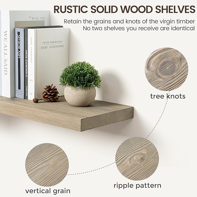 Marsmiles 30 Inch Floating Shelves | 9.3 Inch Deep Grey Wood Wall Shelves Set of 2 | Rustic Reclaimed Wood Shelves for Room Wall | Farmhouse Floating Shelves for Living Room Bathroom