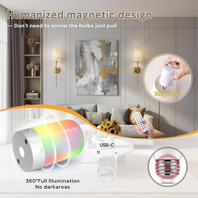 DORESshop Upgraded 4 Rechargeable Bulbs Battery Operated Wall Sconce Set of 2, 15 Color Wireless Wall Sconces Set of 2, Sconce Wall Decor Set of 2 for Bedroom, Living Room, Brushed Gold 24.6in