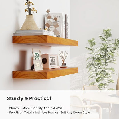 Fun Memories Wood Floating Shelves Set of 2, Rustic Pine Wood Floating Shelves for Wall Mounting, Wide Wall Shelf for Home Decor and Storage, 24" W x 7" D, Honey Oak