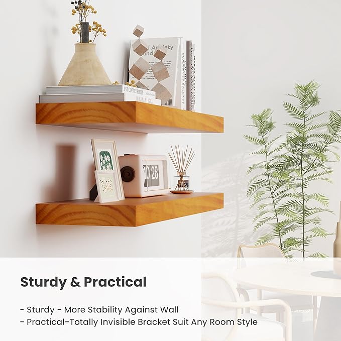 Fun Memories Wood Floating Shelves Set of 2, Rustic Pine Wood Floating Shelves for Wall Mounting, Wide Wall Shelf for Home Decor and Storage, 16" W x 7" D, Honey Oak