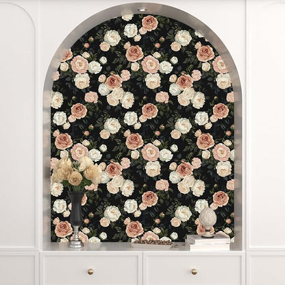 Pink White Rose Peony Wallpaper Peel and Stick Black Floral 17.5in x 393in Vintage Flower Contact Paper Boho Vinyl Waterproof Self Adhesive Flower Botanical Wall Paper for Bathroom Cabinet Decor