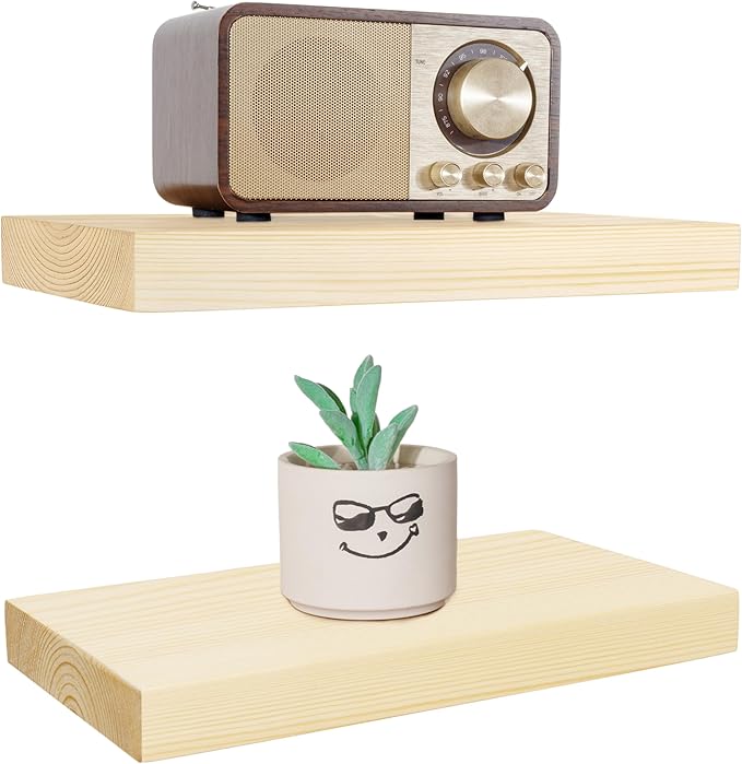 BGMG Wood Floating Shelves for Wall 12 inch Set of 2, Wooden Wall Mount Shelves for Bathroom Living Room Bedroom Kitchen Farmhouse -12x 6.7 x1.25 inch- DIY-Unfinished