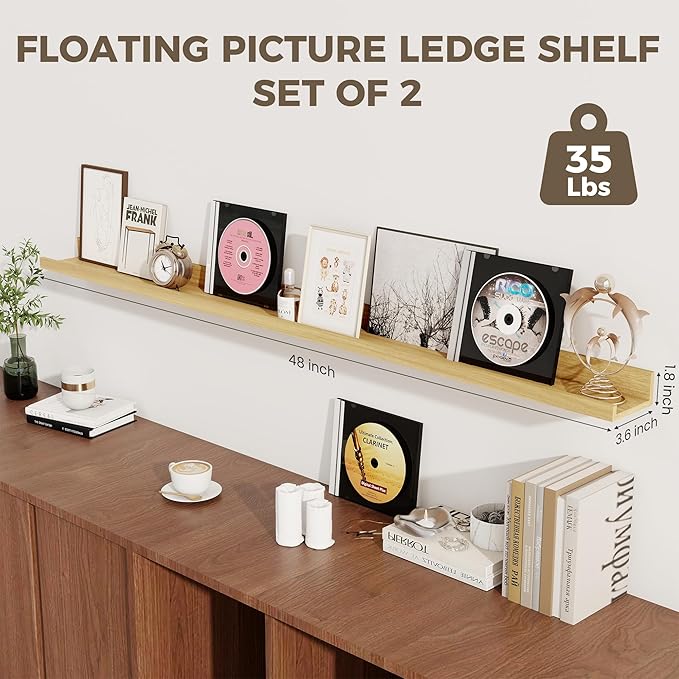 Axeman 48 Inch Floating Shelves | Picture Ledge Shelf Set of 2 | Oak Wall Shelves with Lip | Oak Picture Shelf for Wall with Ledge | Photo Ledges 48 Inch