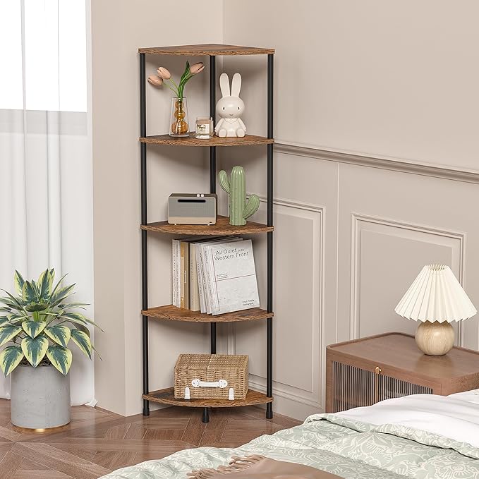 Corner Plant Stand Shelf, 5 Tier Tall Shelf Plant Stand for Indoor Plants, Rustic Brown Corner Bookshelf Wall Decor Living Room, 44.1