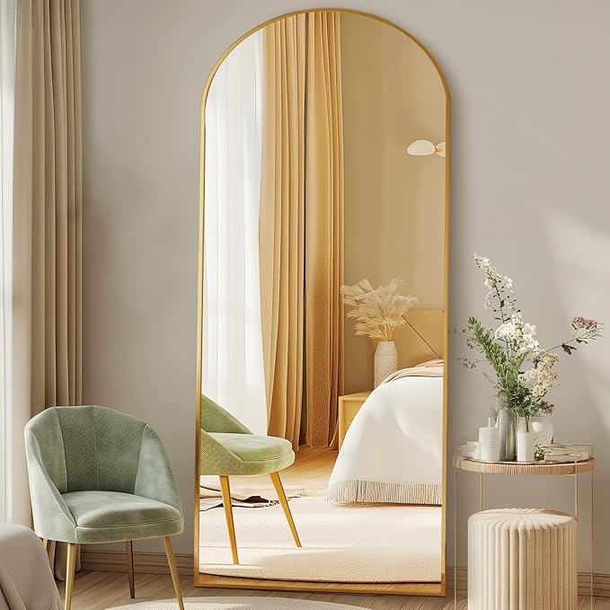 DUMOS 63.6"x20.6" Arched Full Length Mirror with Stand Floor Free Standing Aluminum Frame for Bedroom Body Hanging Leaning Modern Simple Home Decor Shatter-proorf Nano Glass Wall, Gold-Rounded