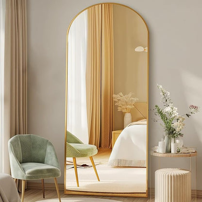 DUMOS 63.6"x20.6" Arched Full Length Mirror with Stand Floor Free Standing Aluminum Frame for Bedroom Body Hanging Leaning Modern Simple Home Decor Shatter-proorf Nano Glass Wall, Gold-Rounded