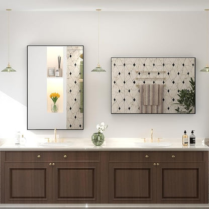 24x32 Inch Black Metal Framed Wall Mirror for Wall, Matte Black Rectangle Mirror, Bathroom Vanity Mirror with Square Corner, Anti-Rust (Horizontal/Vertical)