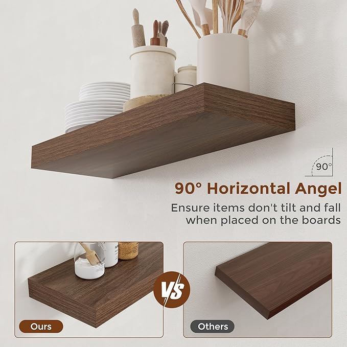 Heimlove 24 Inch Floating Shelves for Wall Walnut Shelves Set of 2,Wall Mounted Rustic Wood 8 Inch Deep Floating Shelf with Invisible Brackets for Bedroom Kitchen Living Room