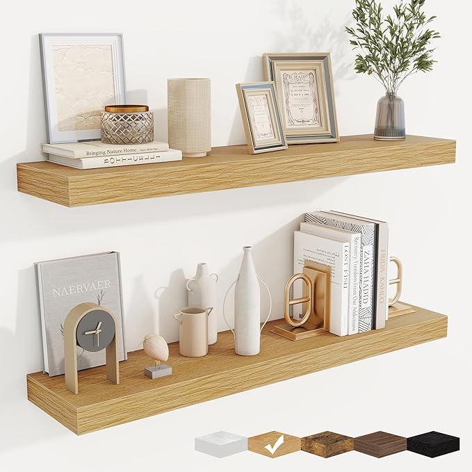 fuqing Floating Shelves for Wall, Wall Mounted Wood Floating Shelf with Invisible Brackets for Living Room, Bathroom, Bedroom, Kitchen Storage and Decor, 36 Inch Set of 2, Oak