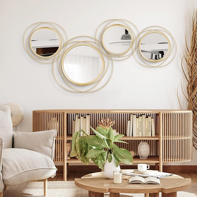 Cityelf 4 Set Mixed Size Gold Circle Mirrors Wall Decor Iron Frame Wall Art Round Mirror Home Decor Hanging for Living Room/Bedroom/Bathroom/Entryway