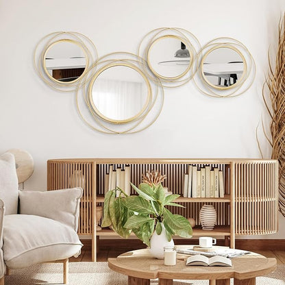 Cityelf 4 Set Mixed Size Gold Circle Mirrors Wall Decor Iron Frame Wall Art Round Mirror Home Decor Hanging for Living Room/Bedroom/Bathroom/Entryway