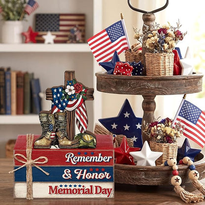 Geelin 4 Pcs Memorial Day Wooden Book Stack Decorations, Patriotic Tabletop Book Sign Set with Boots Cross Helmet and Flag, Rustic Red White Blue Tiered Tray Decor for Home, Office, Veterans Day