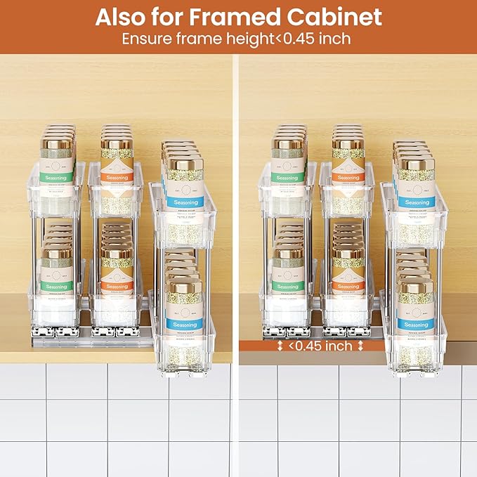 Pull Out Spice Rack Organizer for Cabinet, Slide Out Spice Racks Organizer, Easy to Install Spice Cabinet Organizers, 2.3''Wx10.66''Dx8.11''H, 3 Packs-2 Tiers(Clear)