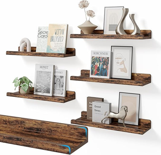 16’’Rustic Brown Floating Shelves for Wall Set of 6,Rustic Wood Shelf for Room Decor/Storage/Display,Small Bookshelf,Wall Mounted Hanging Shelves for Bedroom, Bathroom, Living Room, Kitchen