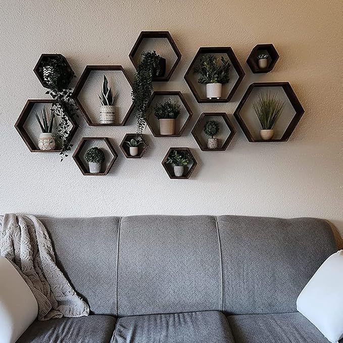 WONFUlity Hexagon Floating Shelves Honeycomb Shelves Wall Mounted Wood Farmhouse Storage Wall Shelf for Bathroom, Kitchen, Bedroom, Living Room,Driftwood Finish Decor,Dark Brwon