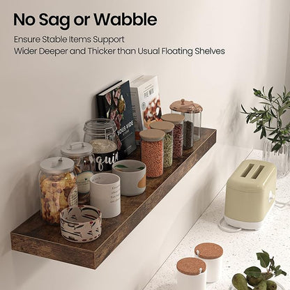 Floating Shelves for Wall, 31.5"W x 6.7"D x 1.5"H, Wooden Wall Mounted Display Shelf with Invisible Brackets for Living Room, Bedroom, Bathroom, Kitchen Decor & Storage, Set of 2, Rustic Brown