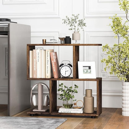 Giantex 3-Tier Geometric Bookshelf Set of 2, 24" Tall Wood S-Shaped Display Shelves with Thick Foot Pads, Freestanding Open Shelves Nightstand, Floor Standing Display Shelf Bookcase, Brown