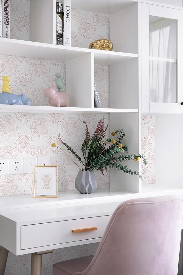 Peel and Stick Wallpaper Geometric Boho Wall Paper White Pink Fireworks Contact Paper 17.3"×393" Self-Adhesive Round Wallpaper for Bedroom Waterproof Removable Shelf Liner Decal Vinyl Roll