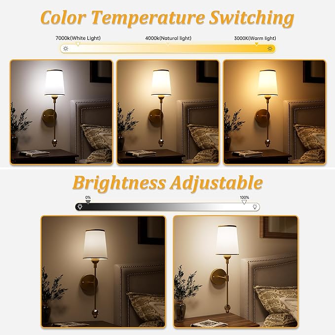 PAIHOME Gold Wall Sconces Set of Two, Wireless Battery Operated Wall Sconces with 5000mAh Dimmable 15 Colors Bulb and Remote, Rechargeable Wall Sconce for Bedroom Living Room Bathroom Hallway